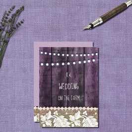 rustik bröllop med trä, spets, strängljus inbjudningar