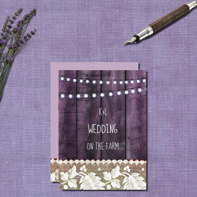 rustik bröllop med trä, spets, strängljus inbjudningar (Skapare uppladdad)