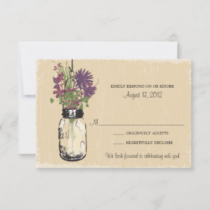 Rustik bröllop RSVP med lila blommor i murarvas OSA Kort