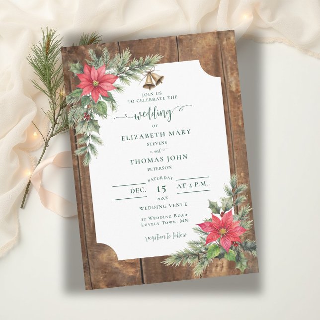 Rustik brölloppsdekoration med trädgårdsgrönska oc inbjudningar (winter wedding invitation rustic barn wood greenery floral poinsettia christmas green red elegant )