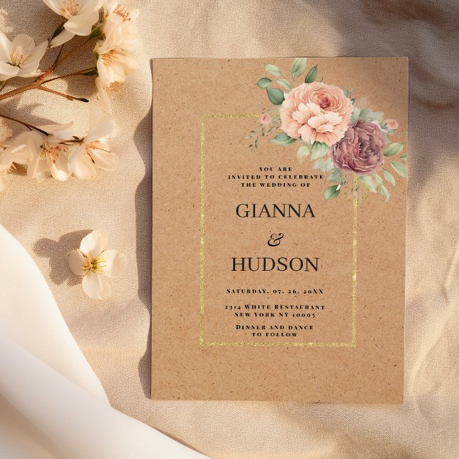 Rustik brölloppsinbjudan i brunt papper med korall inbjudningar (Rustic brown paper coral pink mint floral wedding )