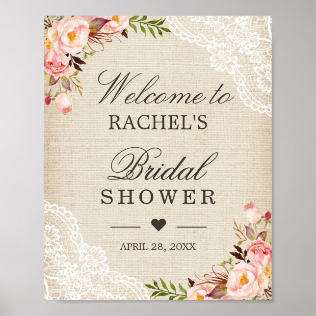 Rustik bröllopsaffisch med blommönster i spets och poster (Framsidan)