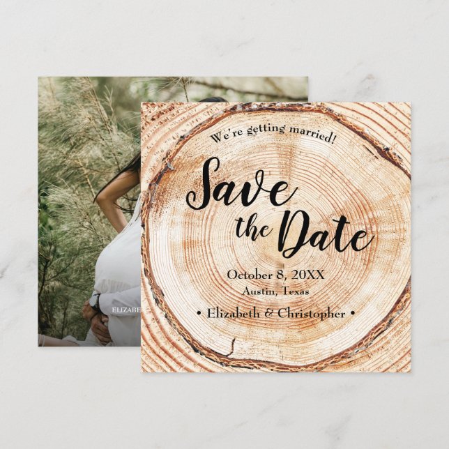 Rustik Bröllopsbehåll Save the date foto Trästrukt Inbjudningar (Fram/baksida)