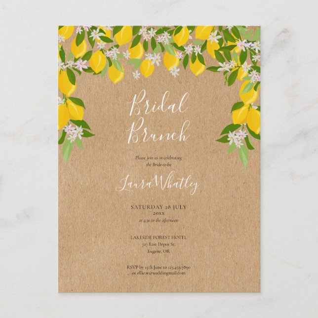 Rustik Bröllopsbrunch Citroner Blommar Bröllopsfes Meddelande Vykort (Framsida)