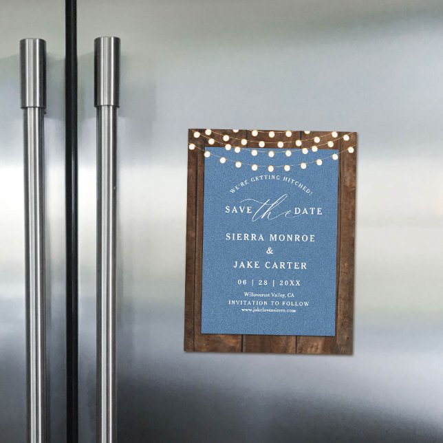 Rustik Bröllopsdatum Trä Ljus Denim Magnet (magnet wedding save the date rustic wood denim string lights blue white calligraphy chic elegant)