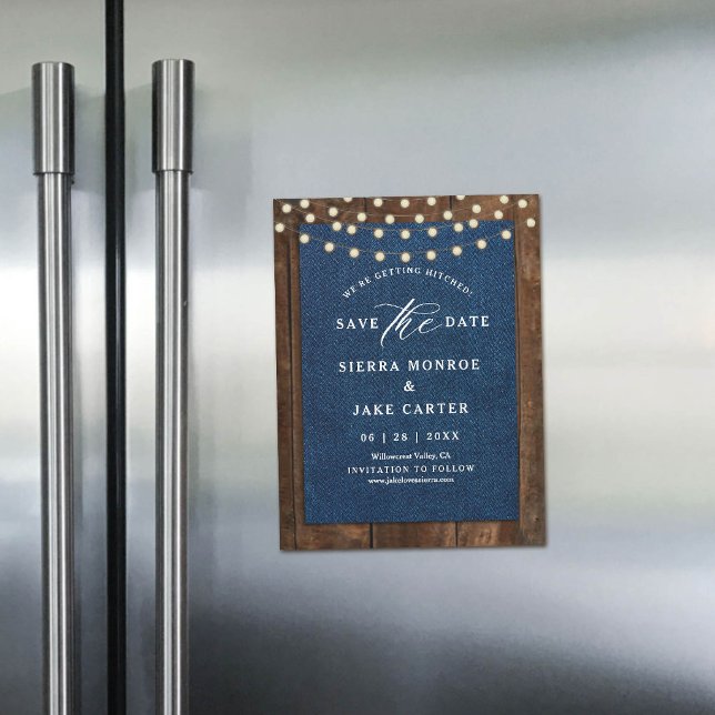 Rustik Bröllopsdatum Trä Ljus Denim Magnet (magnet wedding save the date rustic wood dark denim string lights blue white calligraphy chic )