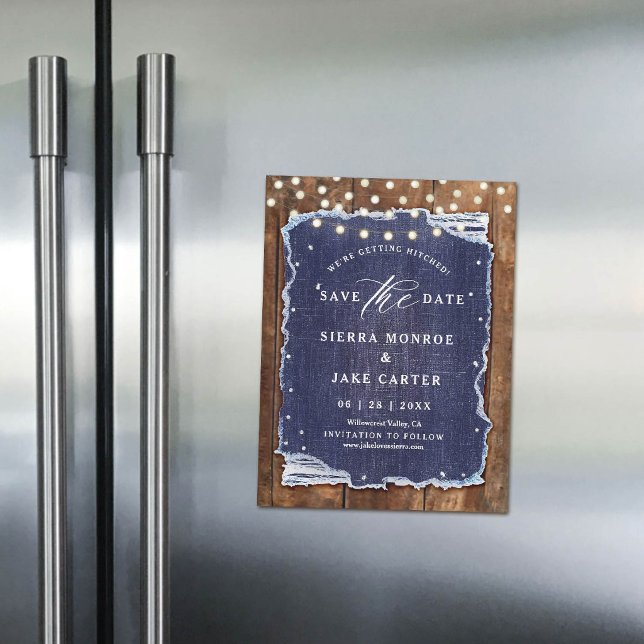 Rustik Bröllopsdatum Trä Sönderriven Denim Magnet (magnet wedding save the date rustic wood ripped denim string lights blue white calligraphy chic )
