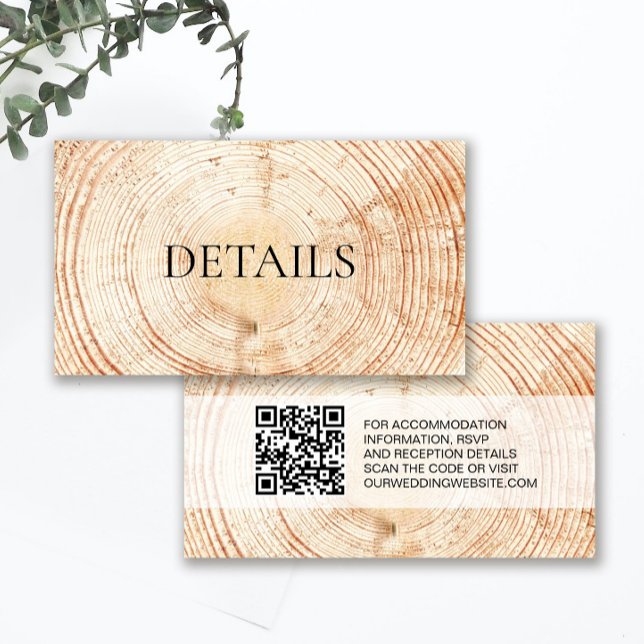 Rustik Bröllopsdetalj i Trästruktur QR-kod Mall (Details enclosure card, rustic wood cut slice design with QR code wedding website.)