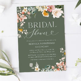 Rustik bröllopsdusch i Sagegrön med blommotiv Inbjudningar