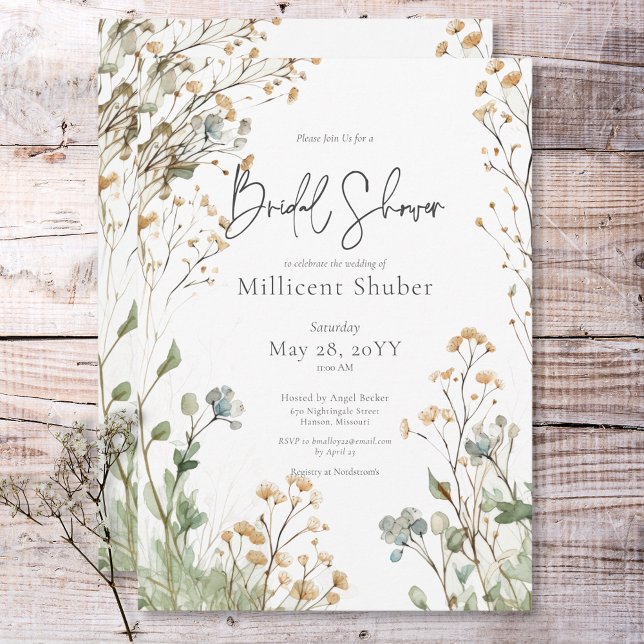 Rustik Bröllopsdusch i vattenfärg med babysand Inbjudningar (Rustic Baby's Breath Watercolor Bridal Shower Invitation)
