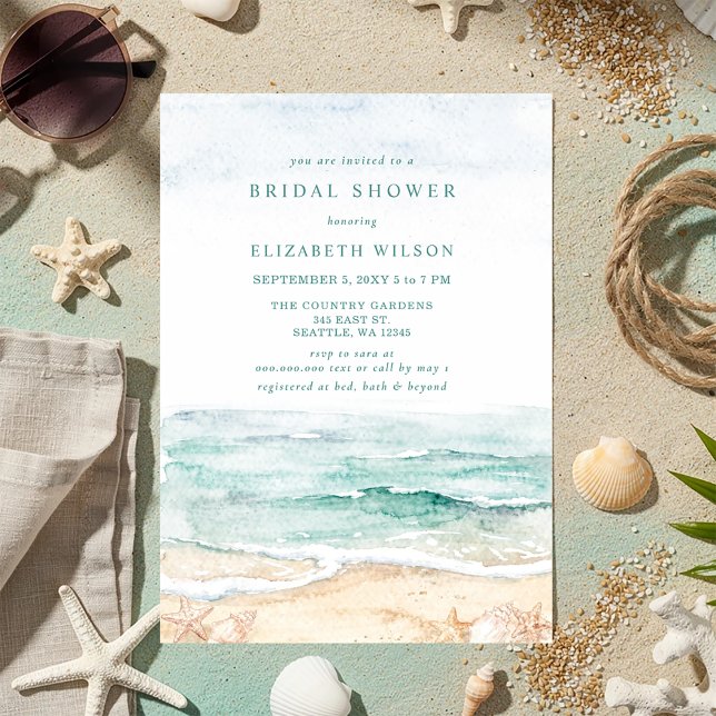 Rustik Bröllopsdusch i Vattenfärg med Havstema Inbjudningar (Rustic Watercolor Beach Bridal Shower Invitation)