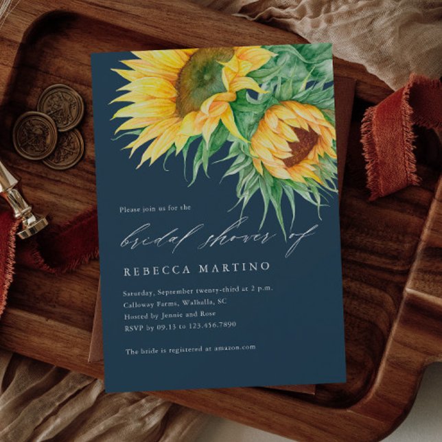 Rustik Bröllopsdusch med Solros och Vattenfärgskri Inbjudningar (A rustic sunflower wedding invitation with hand painted florals. Great for a fall wedding.)