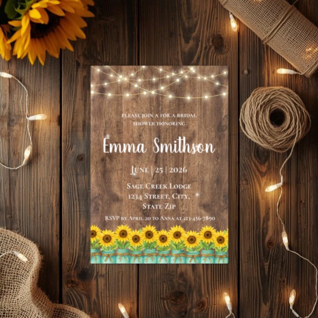 Rustik bröllopsdusch med solrosor och murarljusgla inbjudningar (Rustic sunflower & mason jar bridal shower invitations. Perfect for your charming country barn weddi)