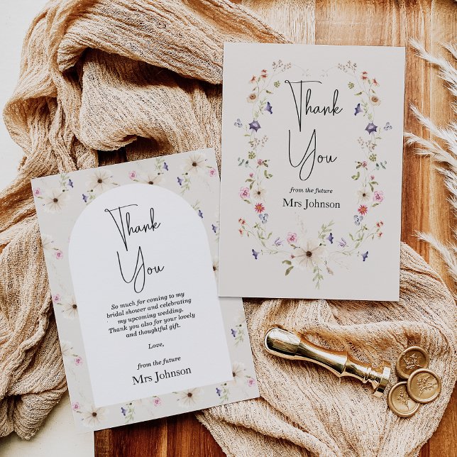 Rustik bröllopsdusch tackkort med vilda blommor tack kort (Wildflowers Bridal Shower Thank You Card, Future Mrs Bridal Shower Card, Beige, wildflowers Wreath)