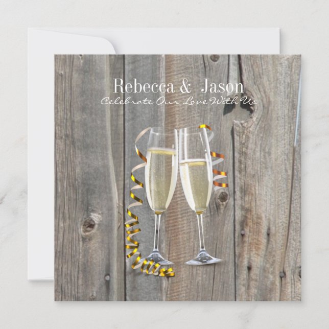 rustik bröllopsfest i lada med champagne i country inbjudningar (Framsida)