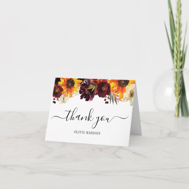 Rustik Bröllopsfest med solros och burgunder peon Tack Kort (Framsida)