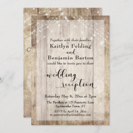 Rustik bröllopsfest med trä och ljusslingor inbjudningar