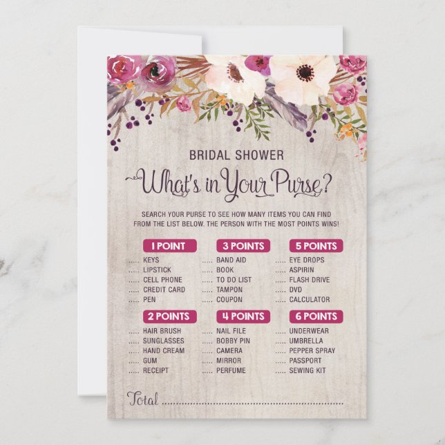 Rustik bröllopsfest spel Vad har du i handväskan Inbjudningar (Framsida)