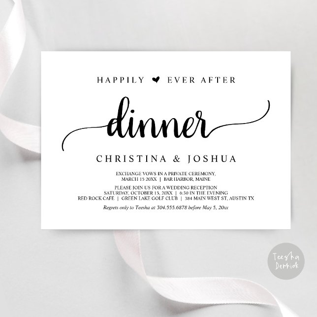 Rustik Bröllopsflykt Lycklig För Evigt Middag Inbjudningar (Happily Ever After Dinner Invitation Card, Modern Elopement Rustic Script, PDF, Black and White)