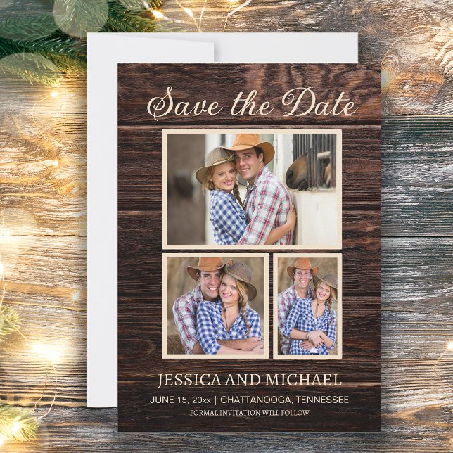 Rustik bröllopsfotografihållare i trä spara datumet (Rustic wood photo wedding Save the Date)