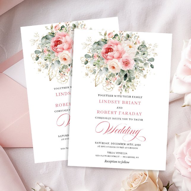 Rustik bröllopsinbjudan med blushfärgade peonior o inbjudningar (Rustic Blush Peony Gold Frame Wedding Invitation)