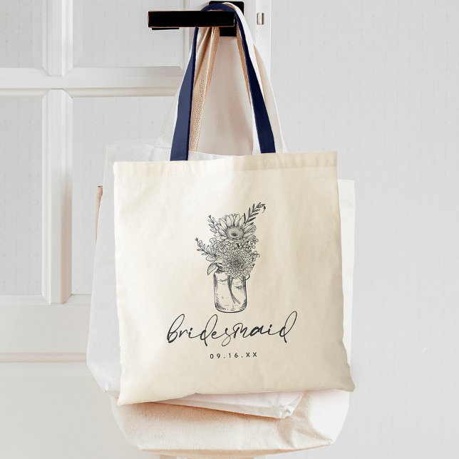 Rustik Brudtärna i masonburk med kalligrafi Tygkasse (Rustic Wildflower Mason Jar Calligraphy Bridesmaid Tote Bag)