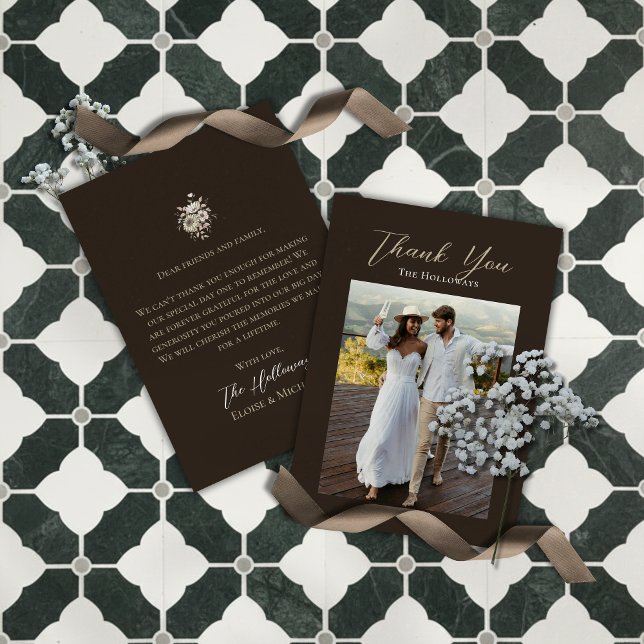 Rustik Brun Botanisk Bröllops Tacksamhetskort Tack Kort (Rustic Brown Botanical Wedding Thank You Card)