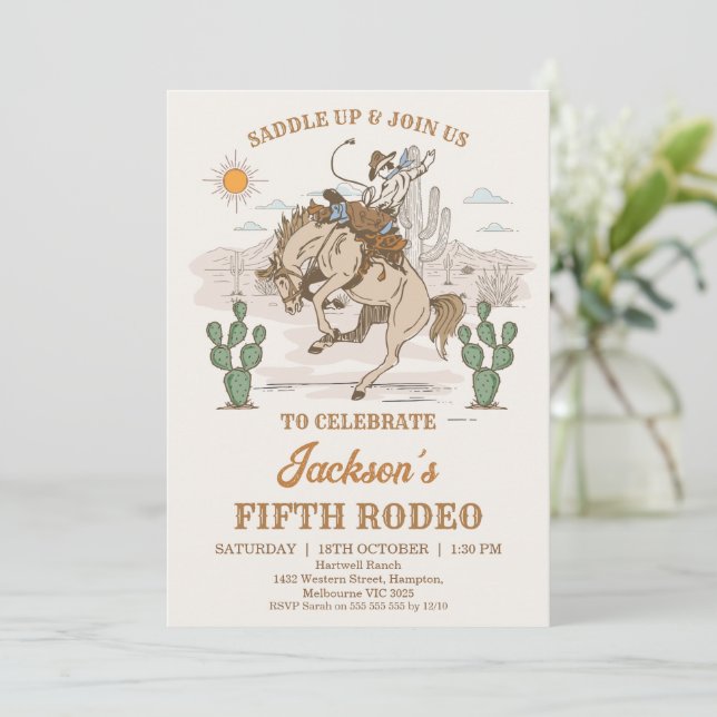 Rustik Brun Grön Bronco Cowboy Rodeo Födelsedag Inbjudningar (Stående Fram)