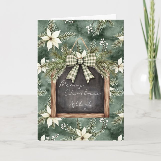 Rustik Brun Grön Jul Kritskrifts Blomsterbukett Kort (Framsida)
