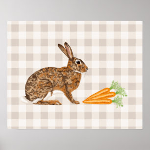 Rustik Brun Kanin Och Morötter På Beige Gingham Poster