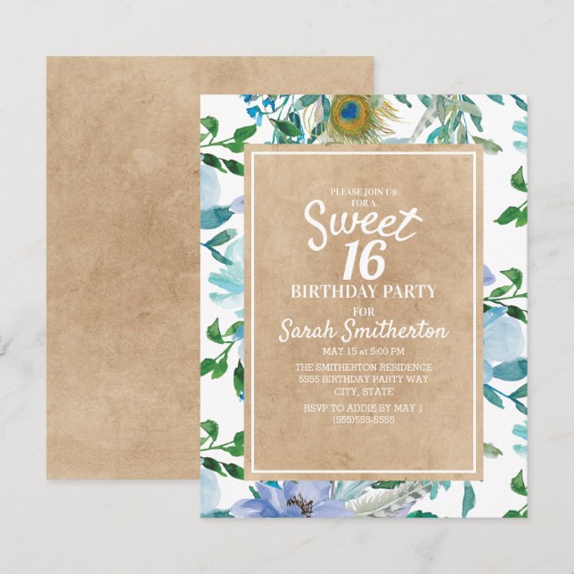 Rustik Brun Kraft Blå Vit Blommig Sweet 16 Inbjudningar (Fram/baksida)