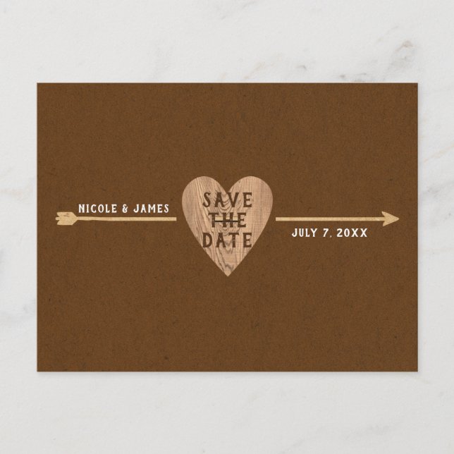 Rustik Brun Kraft Hjärtpil Spara Datum Meddelande Vykort (Framsida)