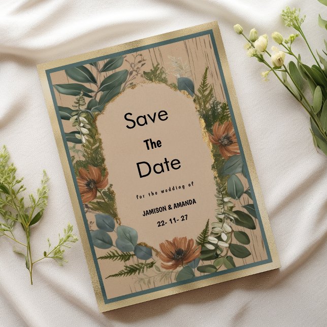 Rustik brun orange guld mynta blommigt Spara datum Inbjudningar (Rustic brown orange gold mint floral Save The Date )