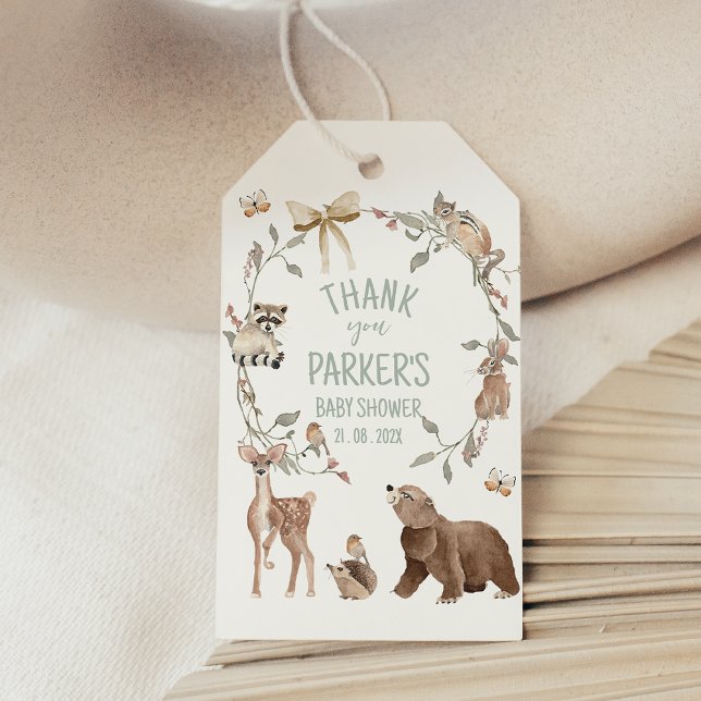 Rustik Brun Skogsbarndop  Presentetikett (Gender Neutral Woodland Baby Shower Tag, Woodland Animal Baby Shower Tag, Rustic Woodland Tag)