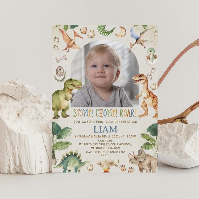 Rustik Brun Stampa Tugg Dinosaur Rösta Födelsedag Inbjudningar (Dinosaur Birthday Invitation, Dino, Stomp Chomp Roar Invitation, Stomp Chomp and Roar Invite, Photo)