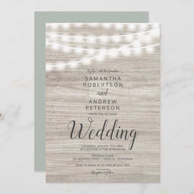 Rustik brun trästräng ljus simple bröllop inbjudningar (Fram/baksida)