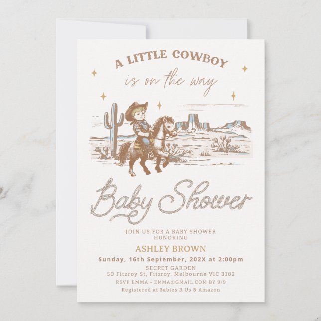 Rustik Brun Västerländsk Liten Cowboy Baby Shower Inbjudningar (Framsida)