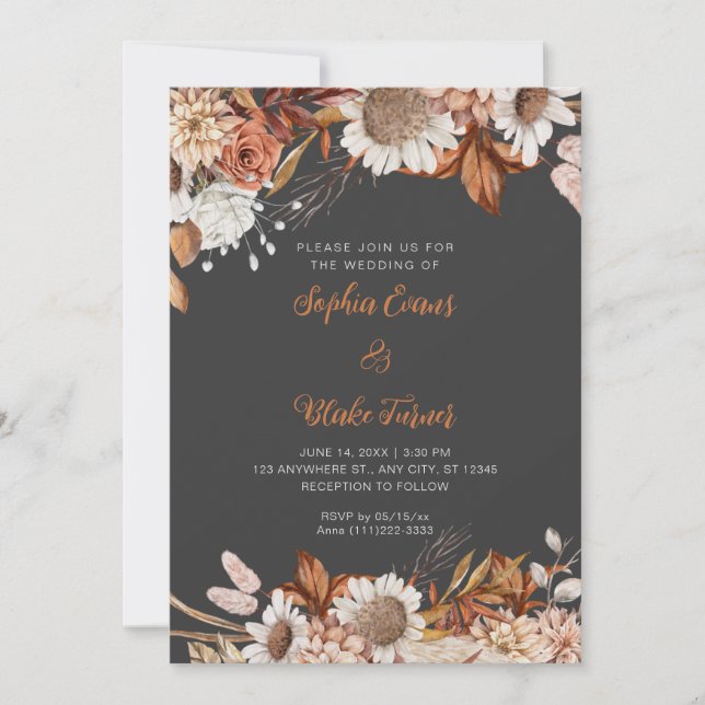 Rustik Bruna Vita Blommor Boho Grå Bröllop Inbjudningar (Framsida)