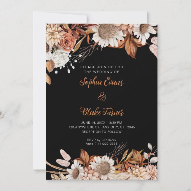 Rustik Bruna Vita Blommor Boho Grå Bröllop Inbjudningar (Framsida)