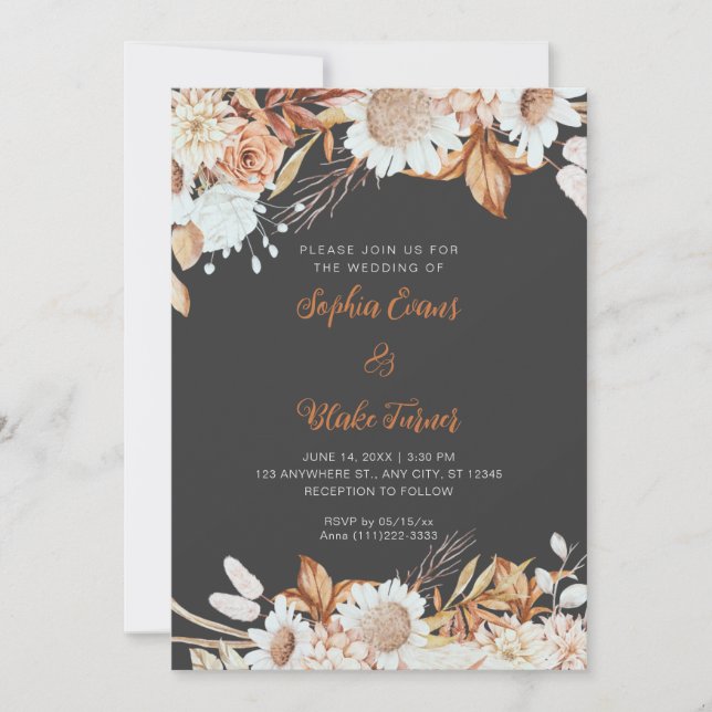 Rustik Bruna Vita Blommor Boho Grå Bröllop Inbjudningar (Framsida)