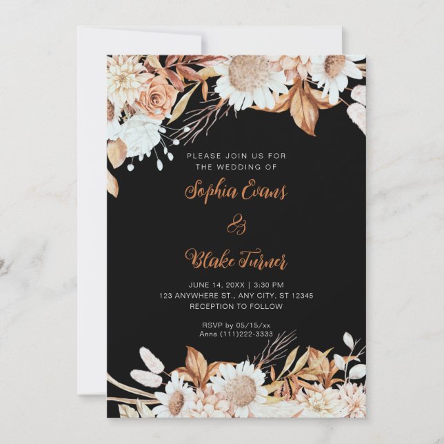 Rustik Bruna Vita Blommor Boho Grå Bröllop Inbjudningar (Framsida)