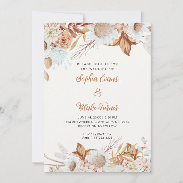 Rustik Bruna Vita Blommor Boho Off Vita Bröllop Inbjudningar (Framsida)