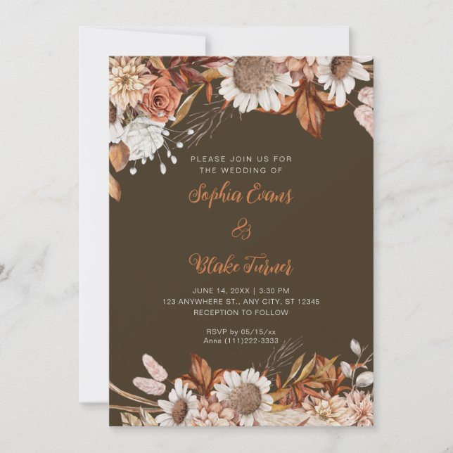 Rustik Bruna Vita Blommor Boho Trä Bröllop Inbjudningar (Framsida)