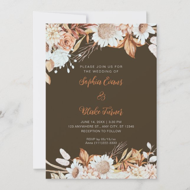 Rustik Bruna Vita Blommor Boho Trä Bröllop Inbjudningar (Framsida)