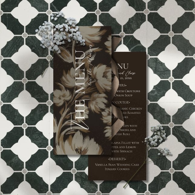 Rustik Brunt Botaniskt Mönster Bröllop Meny (Elevate your reception table with this Rustic Brown Botanical Pattern Wedding Menu!)