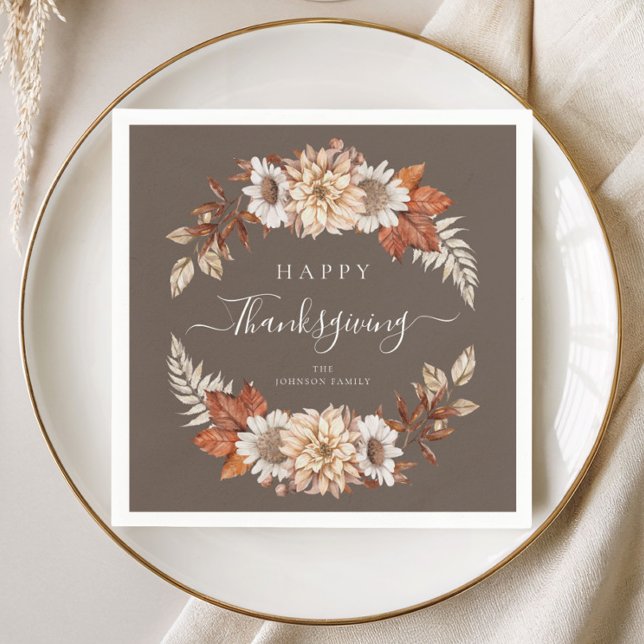 Rustik Brunt Höst Blommig Glad Thanksgiving  Pappersservett (Rustic Brown Fall Floral Happy Thanksgiving Napkins)