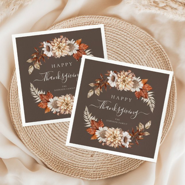 Rustik Brunt Höst Blommig Glad Thanksgiving  Pappersservett (Rustic Brown Fall Floral Happy Thanksgiving Napkins)