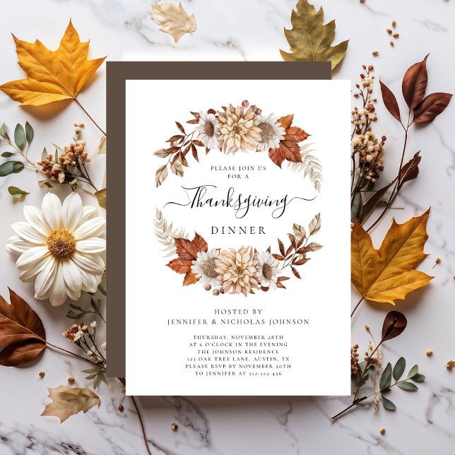 Rustik Brunt Höst Blommig Tacksayls Middag Inbjudningar (Rustic Brown Fall Floral Thanksgiving Dinner Invitation)