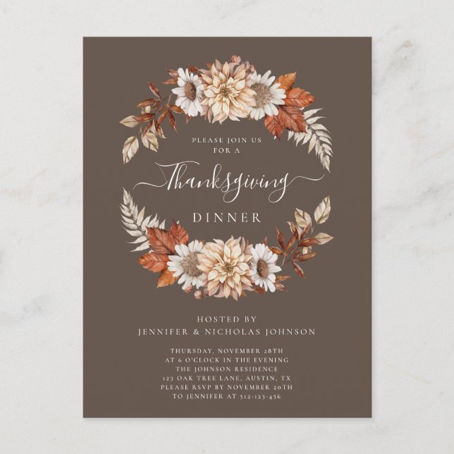 Rustik Brunt Höst Blommig Thanksgiving Middag Inbjudan Vykort (Framsida)