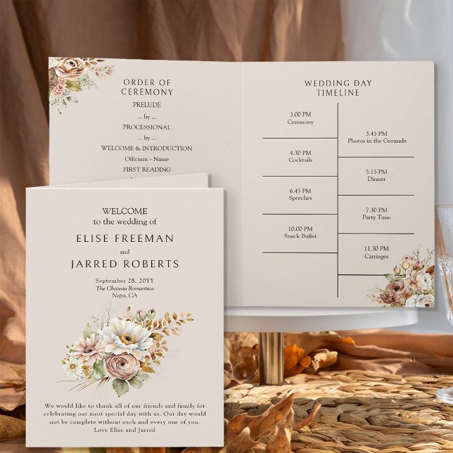 Rustik brunt landlig blomsterbryllopsprogram inbjudan (Wedding Program from the Rustic Floral Brown Neutral Wedding Collection by Darling & May)